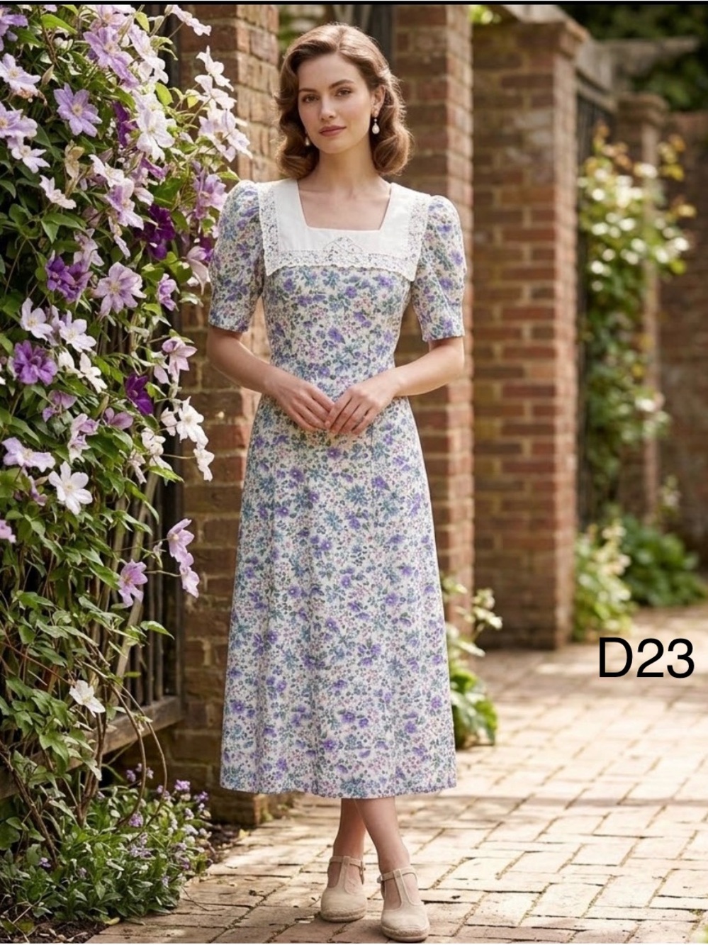 karin stevens Vintage Lavender and White Floral Square-Neck Midi Dress, Size 16